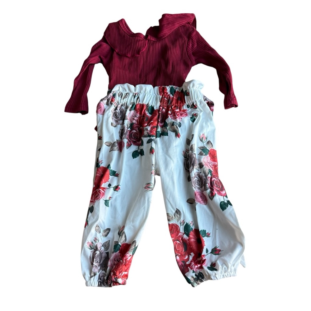 Kids Infant Floral Bottoms with Burgundy Top Set Size 6-9 Months Spring
